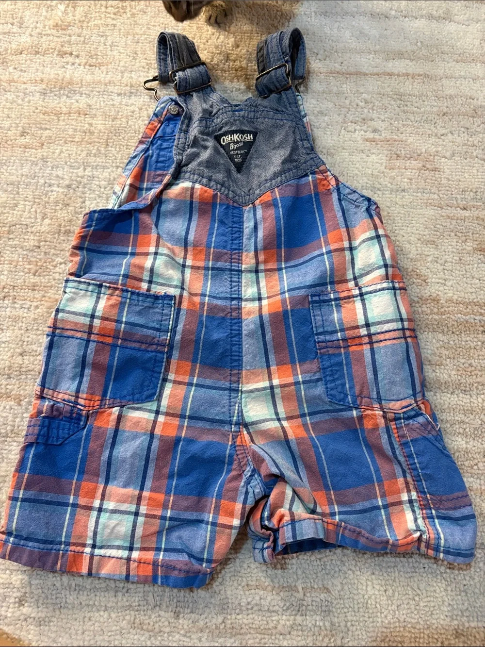 OshKosh B'gosh Blue and Orange Plaid Short Overalls